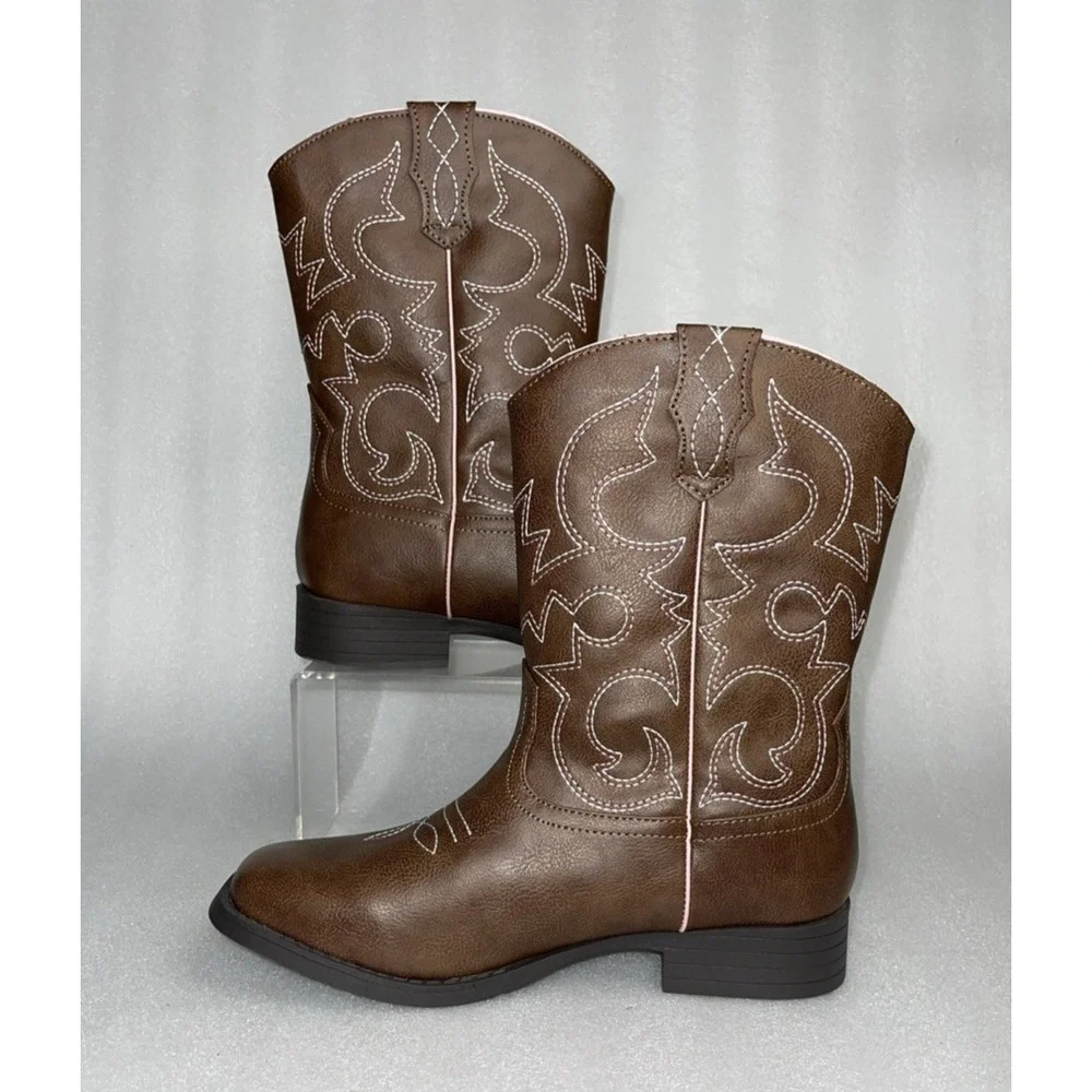 Wonder‎ Nation Brown Pull-on Square Toe Cowboy Cowgirl Boots Big Girls Size 5